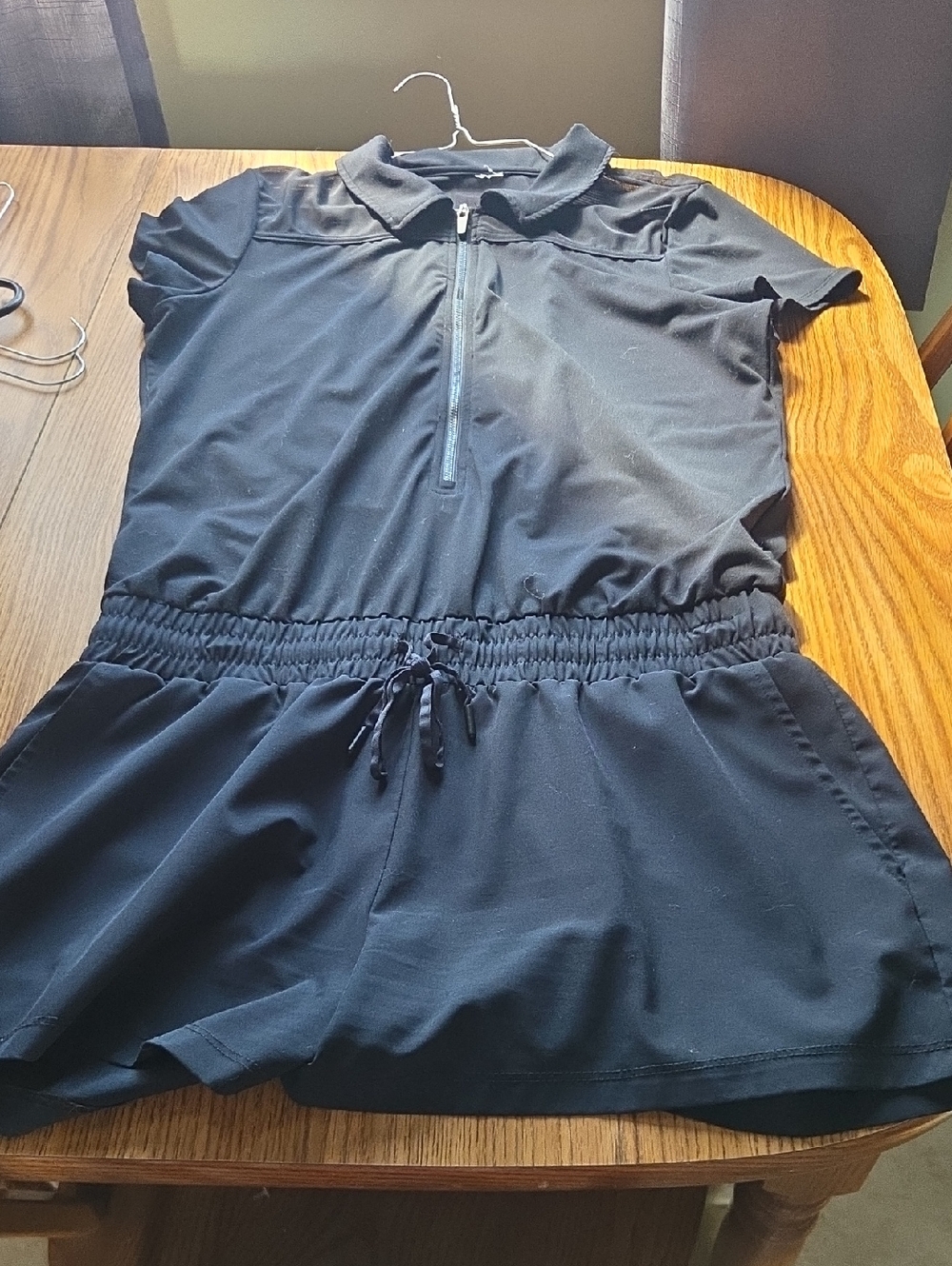 Black Short Sleeve Zip-Front Romper with Drawstring Waist